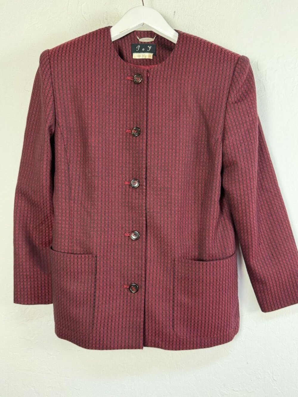 JOY Sorelle Fontana Vintage Jacket Burgundy Textured Round Neck Made Japan